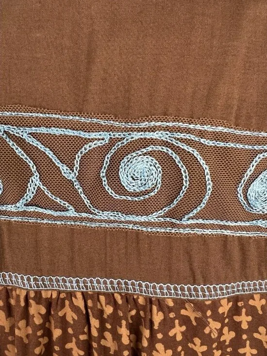 Krista Lee Tunic Top NWT S Boho Embroidered Beaded Brown Oversized Peasant Top - Picture 6 of 10